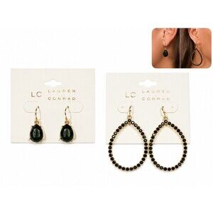 2 pairs LC Lauren Conrad Earrings Lot Green CZ Teardrop Dangle Hoop cute preppy
